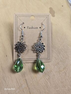 Handmade Mandela With Green Bead Dangle Earrings